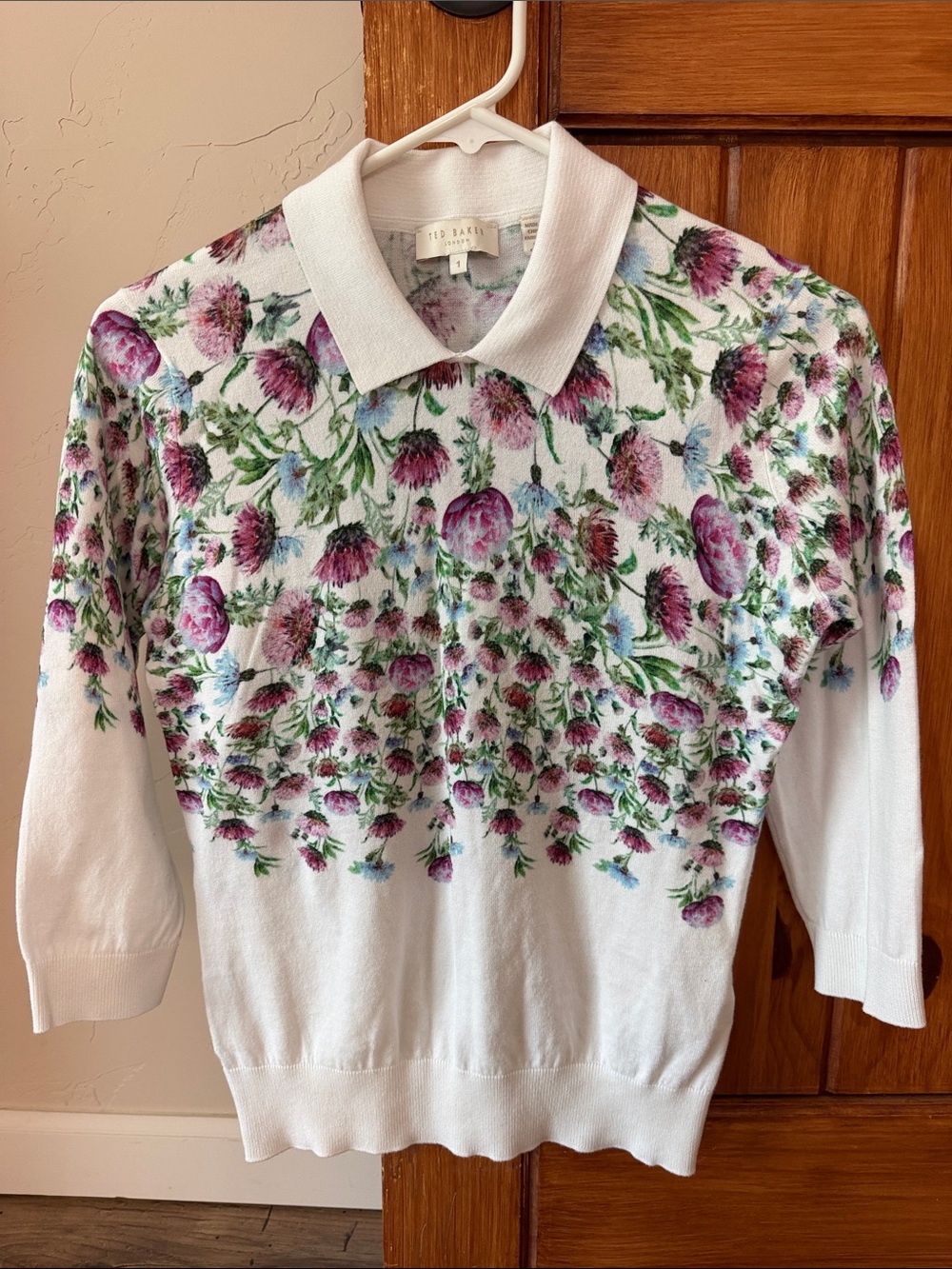 TED BAKER London Floral Clover Knit Polo Sweater Top White Pink Size 1 (US 2/4)